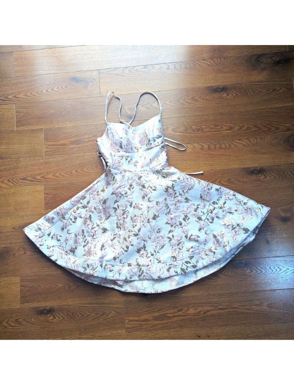 B.Darlin Jacquard Fit And Flare Mini Backless Dress Small 3/4 Metallic Floral